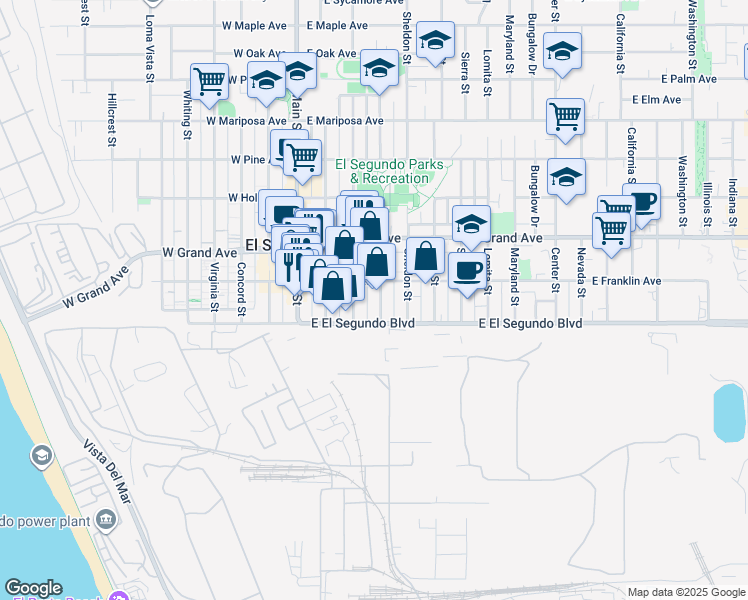 map of restaurants, bars, coffee shops, grocery stores, and more near 110 Eucalyptus Drive in El Segundo