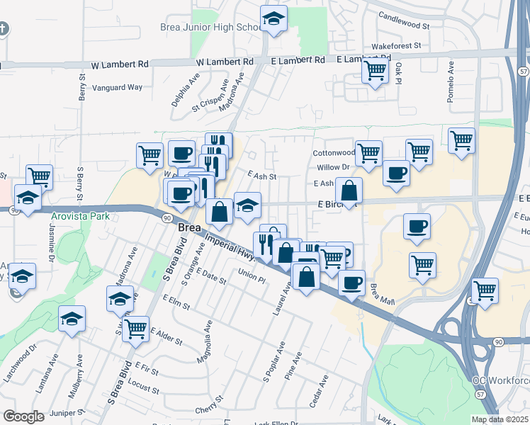 map of restaurants, bars, coffee shops, grocery stores, and more near 211 South Redwood Avenue in Brea
