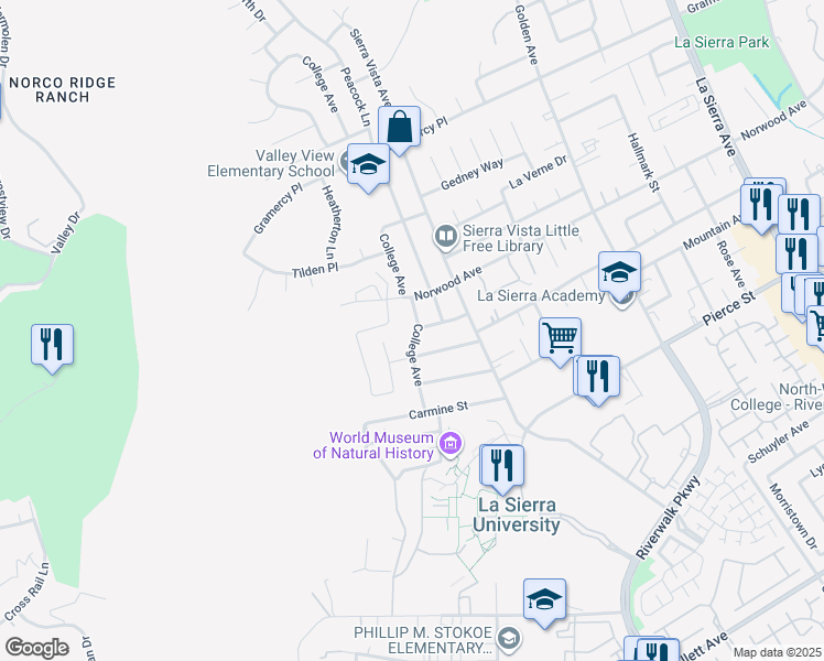 map of restaurants, bars, coffee shops, grocery stores, and more near 5026 College Avenue in Riverside