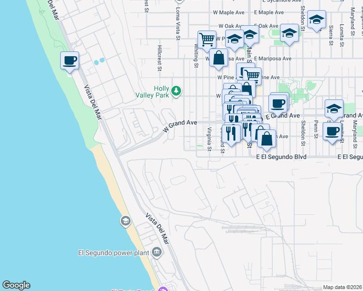 map of restaurants, bars, coffee shops, grocery stores, and more near 119 Loma Vista Street in El Segundo