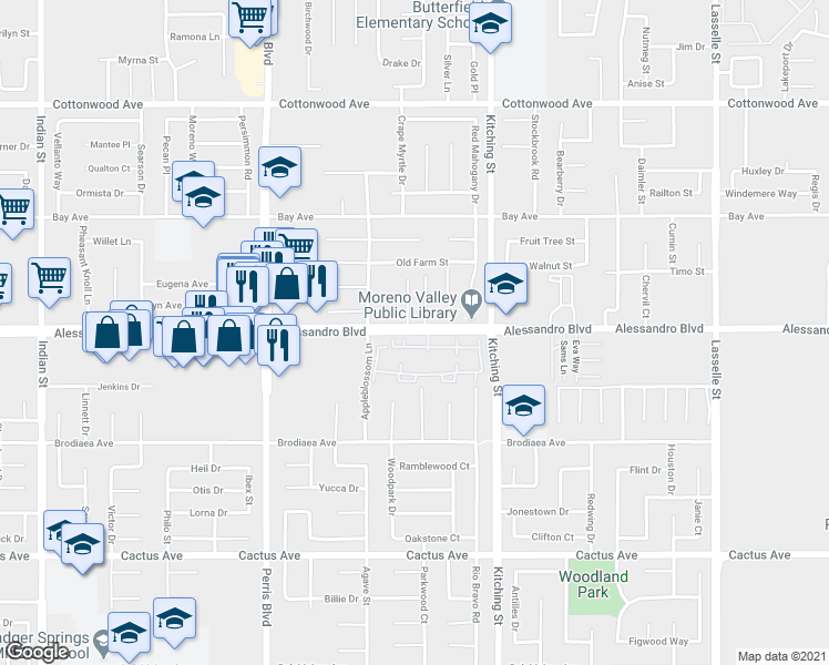 map of restaurants, bars, coffee shops, grocery stores, and more near 25323 Alessandro Boulevard in Moreno Valley