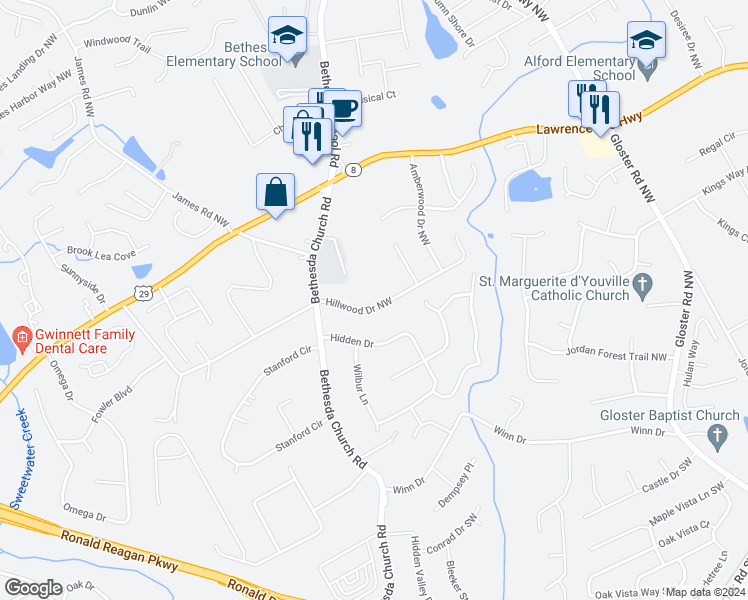 map of restaurants, bars, coffee shops, grocery stores, and more near 3041 Hillwood Drive Northwest in Lawrenceville