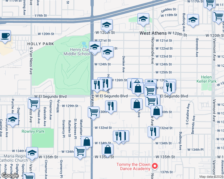 map of restaurants, bars, coffee shops, grocery stores, and more near 1646 West 127th Street in Los Angeles