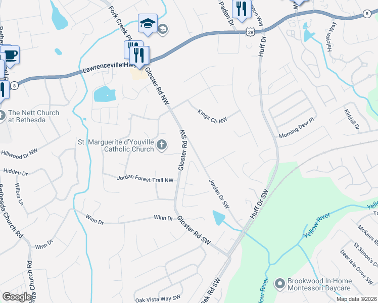 map of restaurants, bars, coffee shops, grocery stores, and more near 350 Hulan Way in Lawrenceville