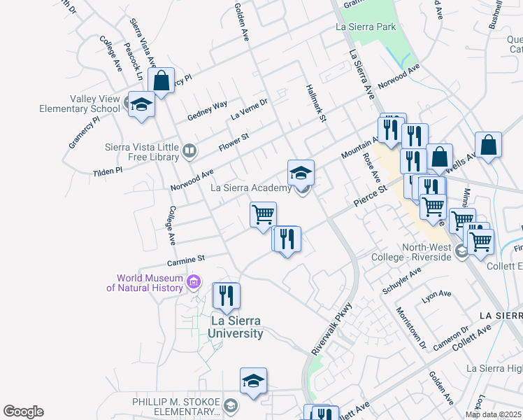 map of restaurants, bars, coffee shops, grocery stores, and more near 4981 Tulsa Avenue in Riverside