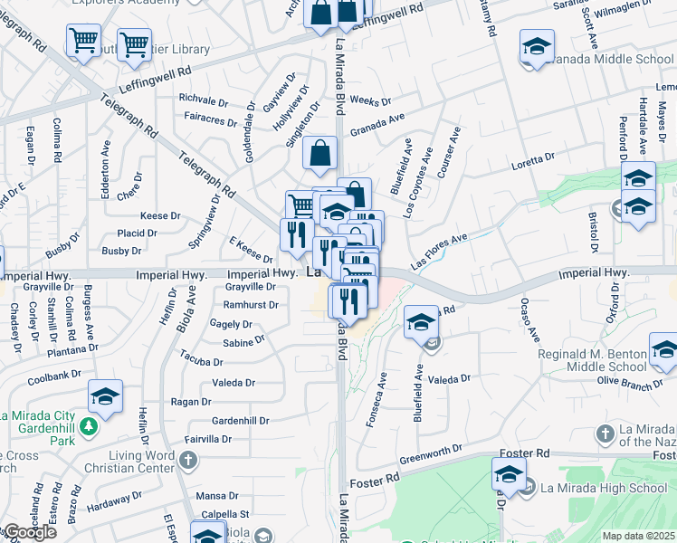map of restaurants, bars, coffee shops, grocery stores, and more near 14422 Valley View Avenue in La Mirada