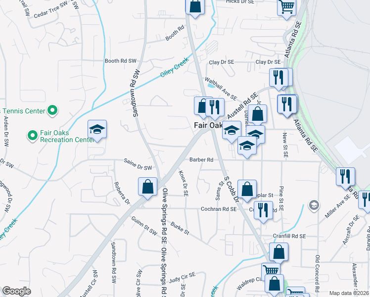 map of restaurants, bars, coffee shops, grocery stores, and more near 1500 Austell Road Southeast in Marietta