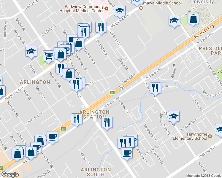 map of restaurants, bars, coffee shops, grocery stores, and more near 9304 Martha Way in Riverside