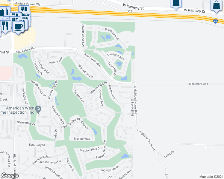 map of restaurants, bars, coffee shops, grocery stores, and more near 4987 West Forest Oaks Avenue in Banning