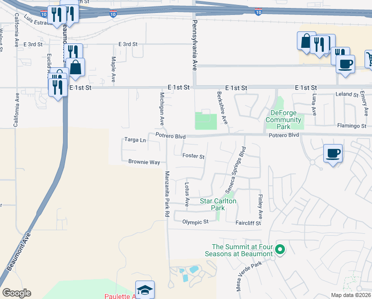map of restaurants, bars, coffee shops, grocery stores, and more near 1258 Beck Court in Beaumont