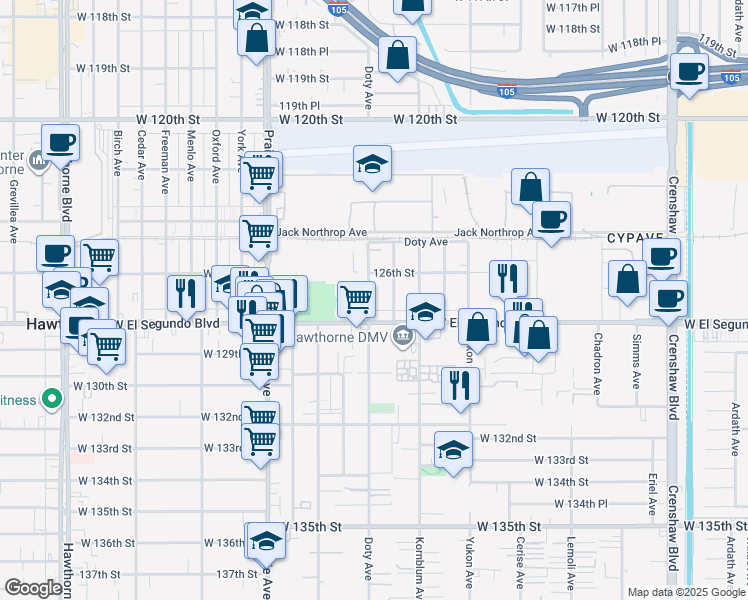 map of restaurants, bars, coffee shops, grocery stores, and more near 12706 Doty Avenue in Hawthorne