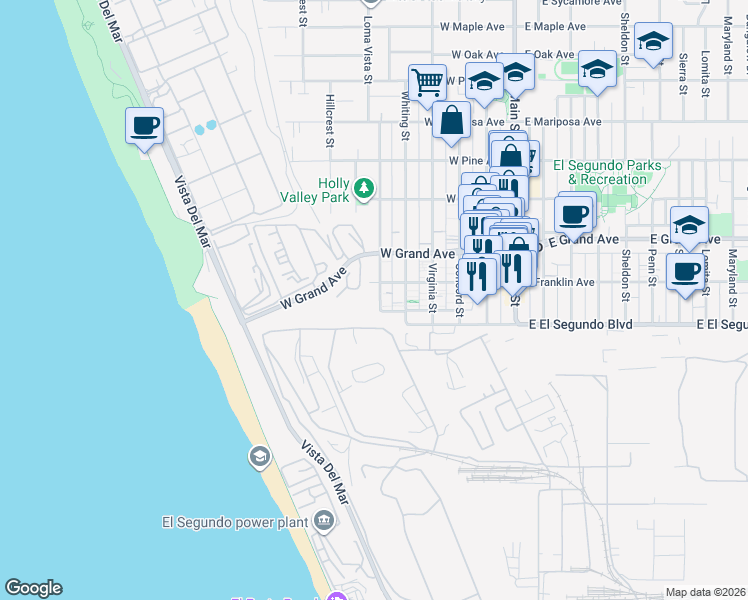 map of restaurants, bars, coffee shops, grocery stores, and more near 127 Loma Vista Street in El Segundo