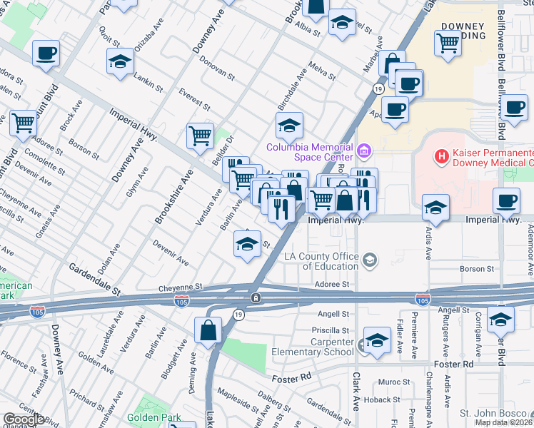 map of restaurants, bars, coffee shops, grocery stores, and more near 8802 3/4 Imperial Highway in Downey