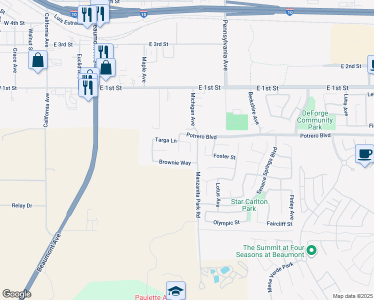 map of restaurants, bars, coffee shops, grocery stores, and more near 145 Kinn Avenue in Beaumont