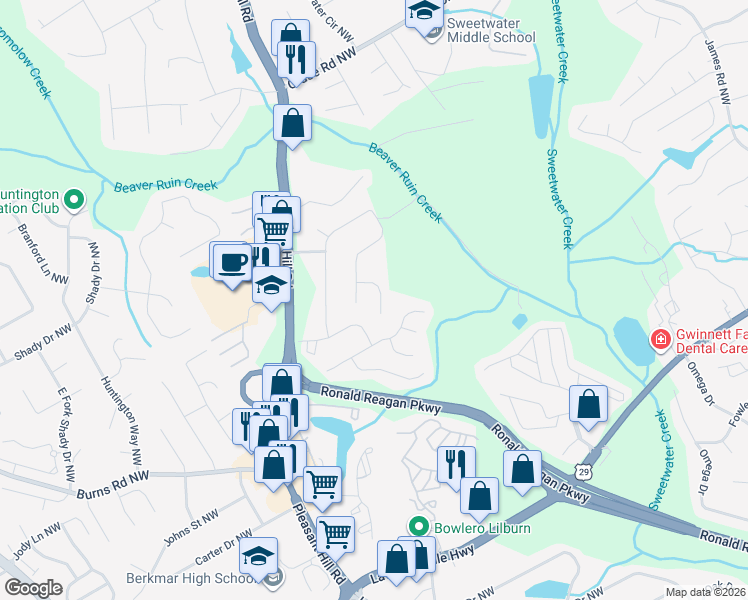 map of restaurants, bars, coffee shops, grocery stores, and more near 638 Rebecca Ives Drive Northwest in Lilburn