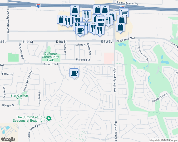map of restaurants, bars, coffee shops, grocery stores, and more near 1563 Quiet Creek in Beaumont
