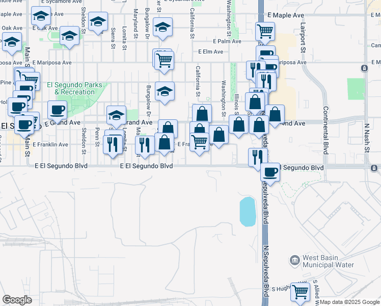 map of restaurants, bars, coffee shops, grocery stores, and more near 211 California Street in El Segundo