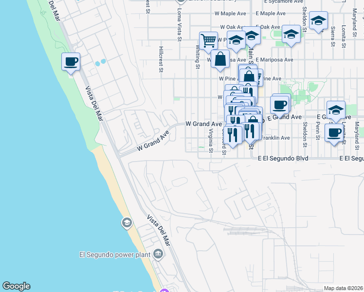 map of restaurants, bars, coffee shops, grocery stores, and more near 127 Loma Vista Street in El Segundo