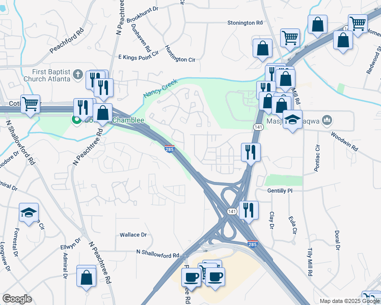 map of restaurants, bars, coffee shops, grocery stores, and more near 2657 Cedar Pine Way in Doraville