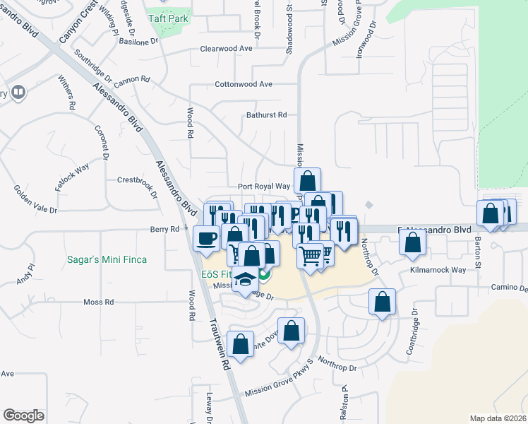 map of restaurants, bars, coffee shops, grocery stores, and more near 200 East Alessandro Boulevard in Riverside