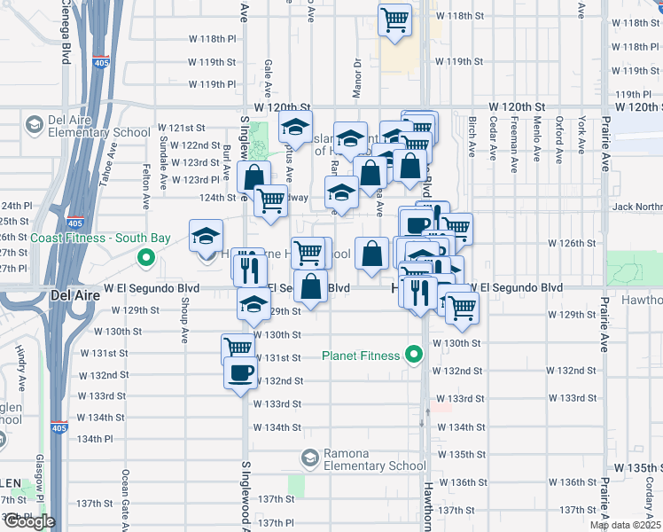 map of restaurants, bars, coffee shops, grocery stores, and more near 12619 Ramona Avenue in Hawthorne