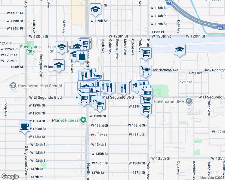 map of restaurants, bars, coffee shops, grocery stores, and more near 12603 Freeman Avenue in Hawthorne