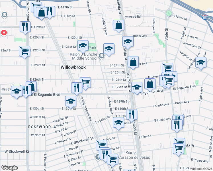 map of restaurants, bars, coffee shops, grocery stores, and more near 12624 South Mona Boulevard in Compton