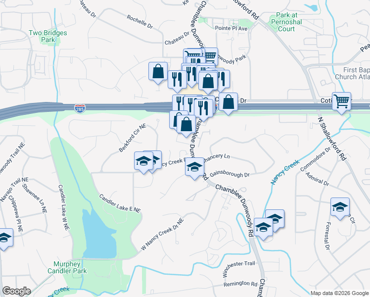 map of restaurants, bars, coffee shops, grocery stores, and more near 4212 Regency Park Court in Atlanta