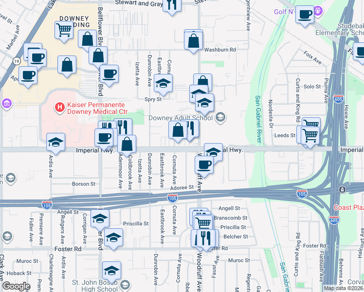 map of restaurants, bars, coffee shops, grocery stores, and more near 9815 Imperial Highway in Downey