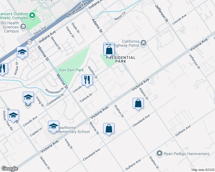 map of restaurants, bars, coffee shops, grocery stores, and more near 8438 Williamsburg Place in Riverside