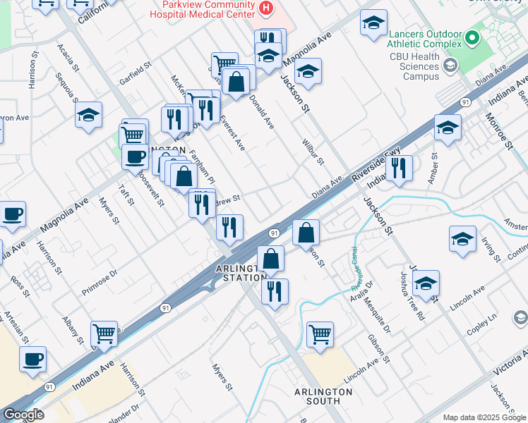 map of restaurants, bars, coffee shops, grocery stores, and more near 3548 Everest Avenue in Riverside