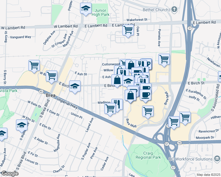 map of restaurants, bars, coffee shops, grocery stores, and more near in Brea
