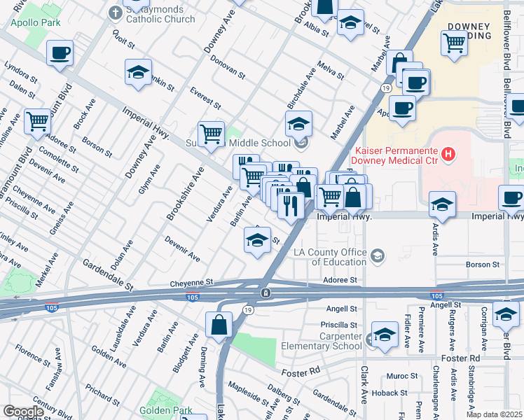 map of restaurants, bars, coffee shops, grocery stores, and more near 8731 Imperial Highway in Downey