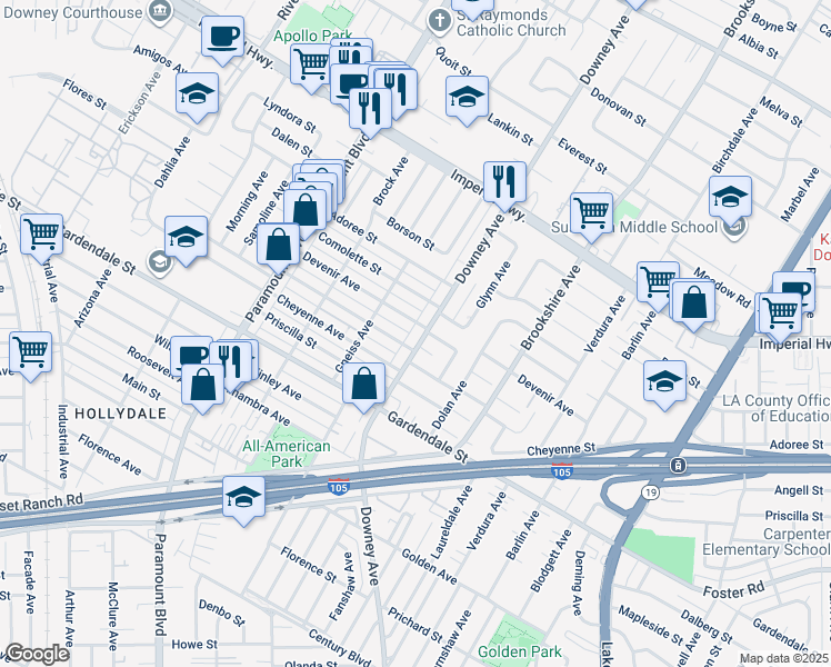 map of restaurants, bars, coffee shops, grocery stores, and more near 8229 Devenir Avenue in Downey