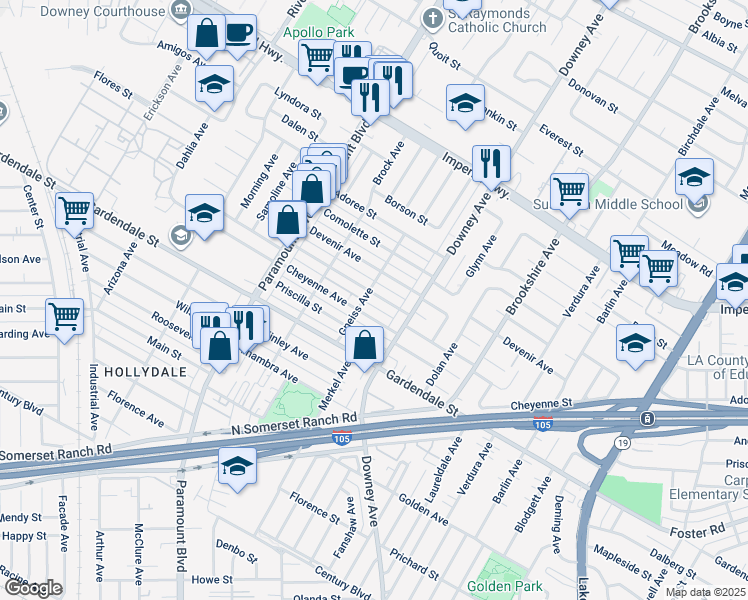 map of restaurants, bars, coffee shops, grocery stores, and more near 12913 Gneiss Avenue in Downey