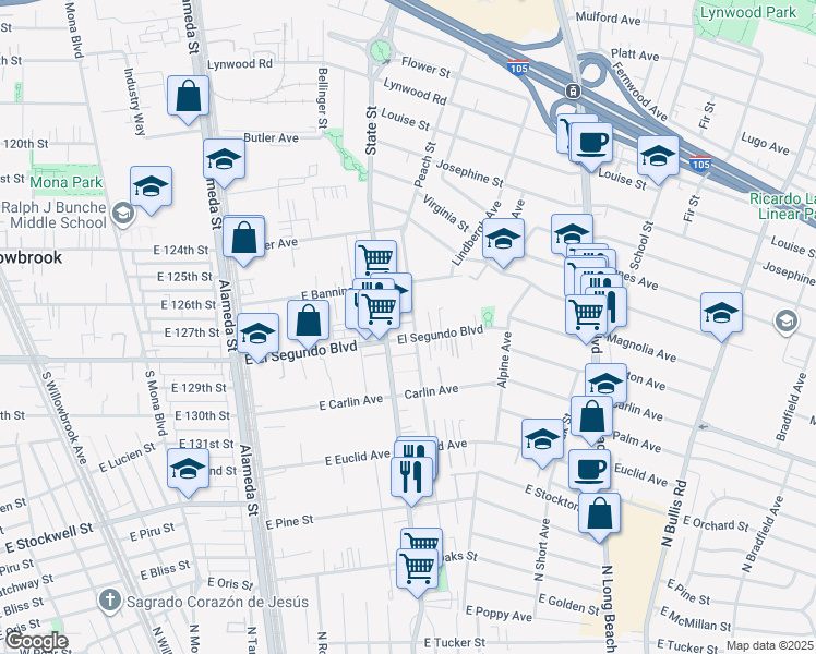 map of restaurants, bars, coffee shops, grocery stores, and more near 12044 Peach Street in Lynwood