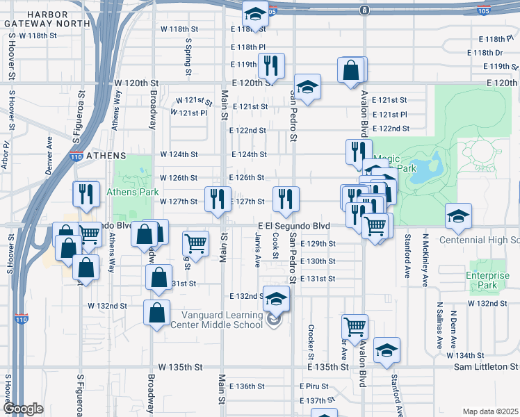map of restaurants, bars, coffee shops, grocery stores, and more near 155 East 127th Street in Los Angeles