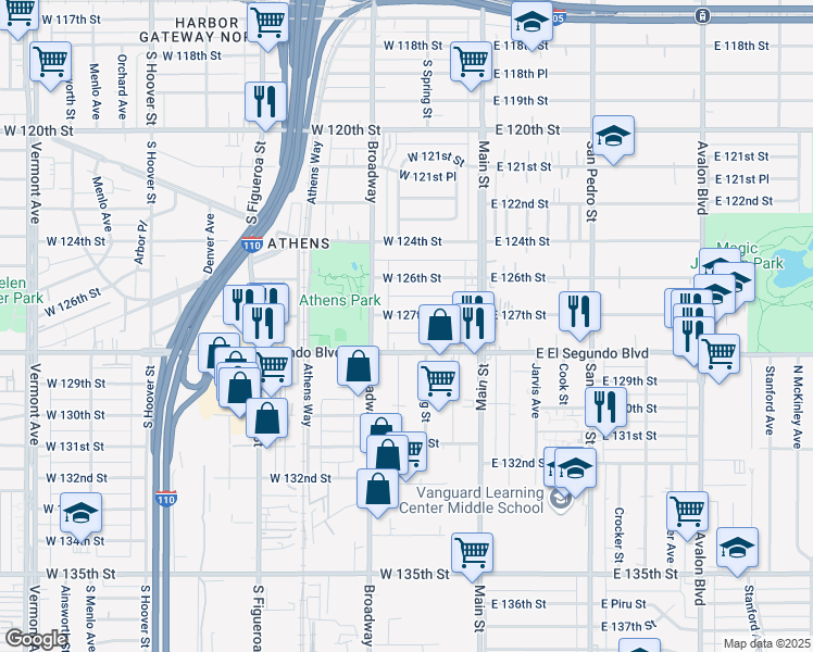 map of restaurants, bars, coffee shops, grocery stores, and more near 211 West 127th Street in Los Angeles