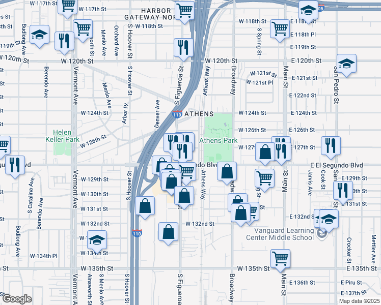 map of restaurants, bars, coffee shops, grocery stores, and more near 12628 South Figueroa Street in Los Angeles