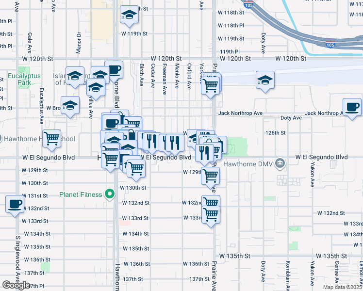 map of restaurants, bars, coffee shops, grocery stores, and more near 12604 Menlo Avenue in Hawthorne