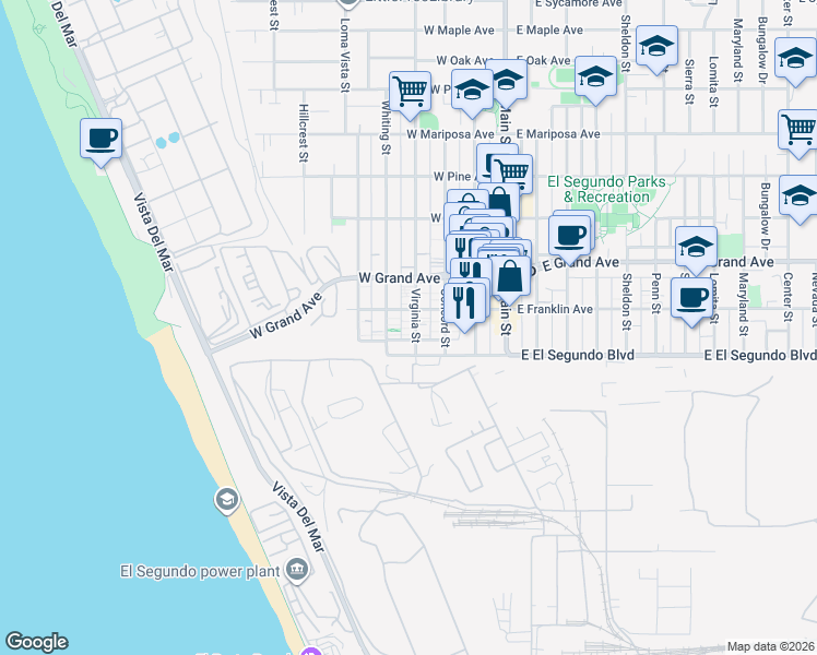 map of restaurants, bars, coffee shops, grocery stores, and more near 202 Whiting Street in El Segundo