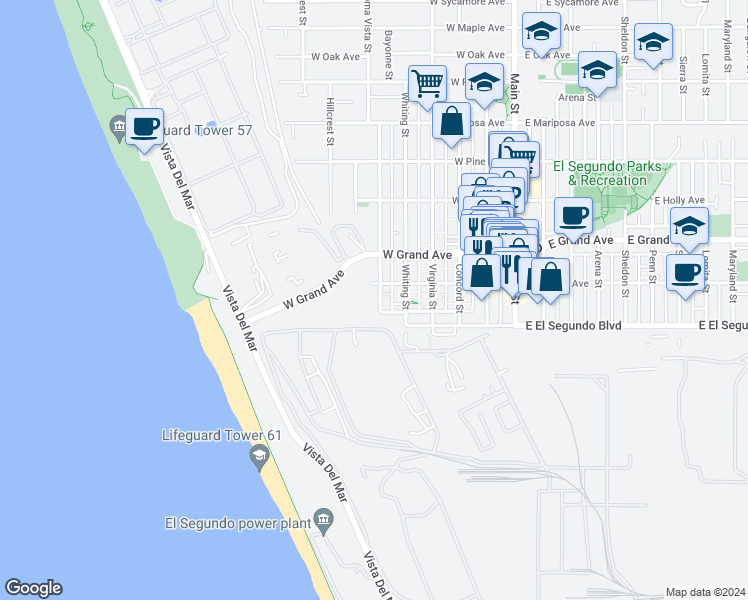 map of restaurants, bars, coffee shops, grocery stores, and more near 201 Loma Vista Street in El Segundo