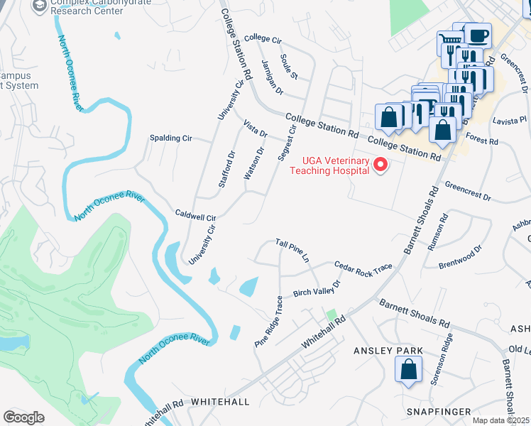 map of restaurants, bars, coffee shops, grocery stores, and more near 305 Segrest Circle in Athens