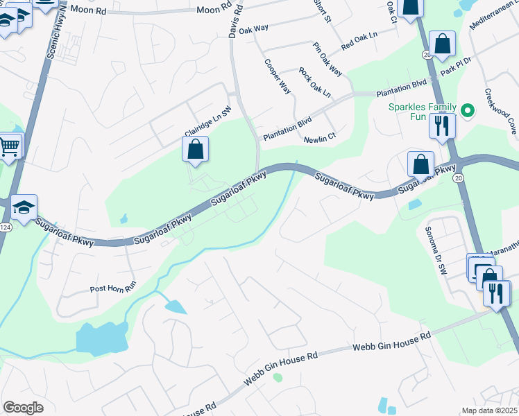 map of restaurants, bars, coffee shops, grocery stores, and more near 1307 Aura Trail in Lawrenceville