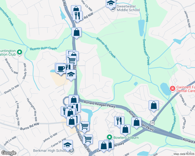 map of restaurants, bars, coffee shops, grocery stores, and more near 638 Rebecca Ives Drive Northwest in Lilburn