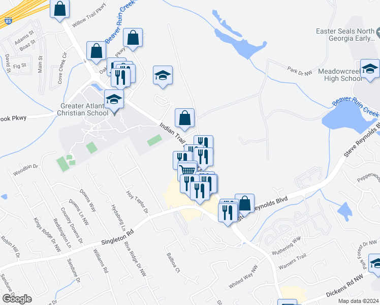 map of restaurants, bars, coffee shops, grocery stores, and more near 1374-1400 Hillcrest Road in Norcross