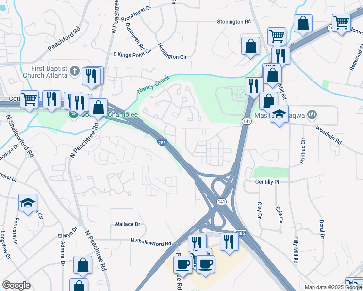 map of restaurants, bars, coffee shops, grocery stores, and more near 2657 Cedar Pine Way in Doraville