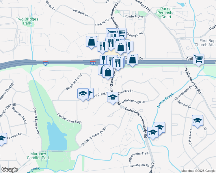 map of restaurants, bars, coffee shops, grocery stores, and more near 4360 Chamblee Dunwoody Road in Atlanta