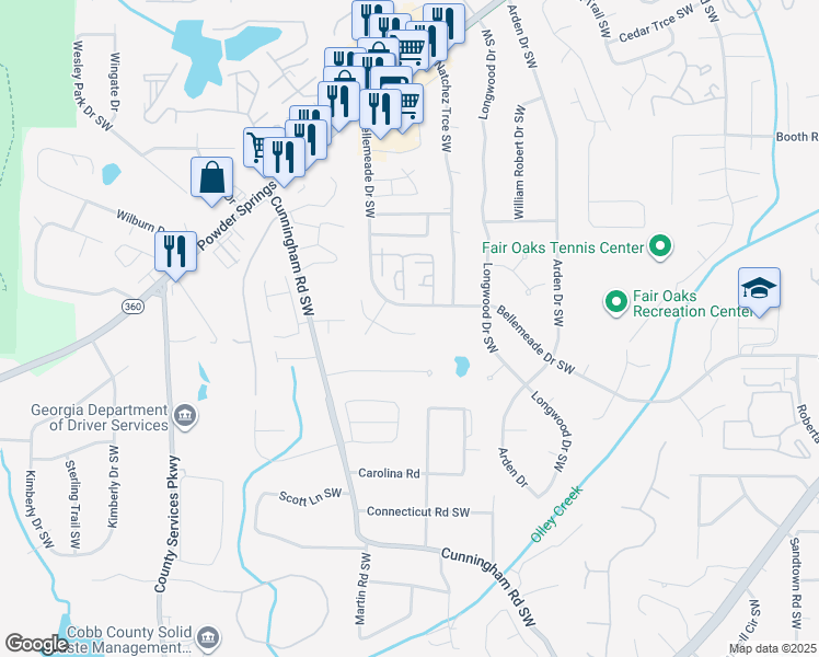 map of restaurants, bars, coffee shops, grocery stores, and more near 1339 Old Coach Road Southwest in Marietta