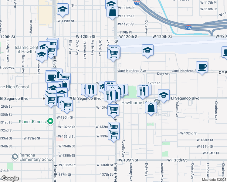 map of restaurants, bars, coffee shops, grocery stores, and more near 12611 Prairie Avenue in Hawthorne